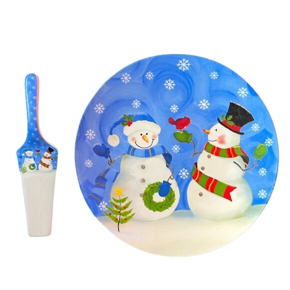 Snowman and Snowwoman Ceramic Cake Plate & Server - Picture 6 of 6